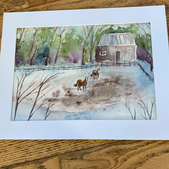 Original watercolour painting, horses in field, white mat included - Picture 1 of 4